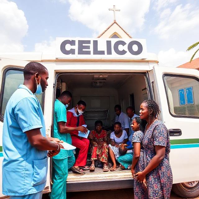 Wide professional photo of a mobile medical clinic van in Greater Accra, Ghana. Friendly clinicians in scrubs providing care to community members outdoors near a church and school. Bright daylight, clean branding, inclusive, documentary style.